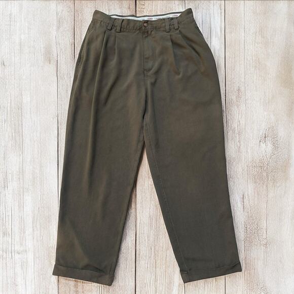 Tommy Bahama 100% Silk Pants 32” x 28” Dark Green Khaki Pleated Cuffed - Picture 1 of 7